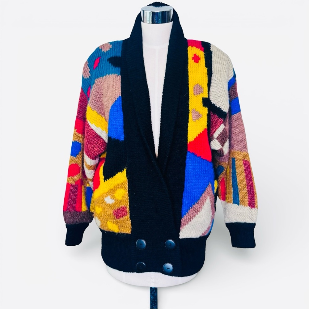 Vintage 80's Colorful Abstract Geometric Cardigan Women's Sweater O/S